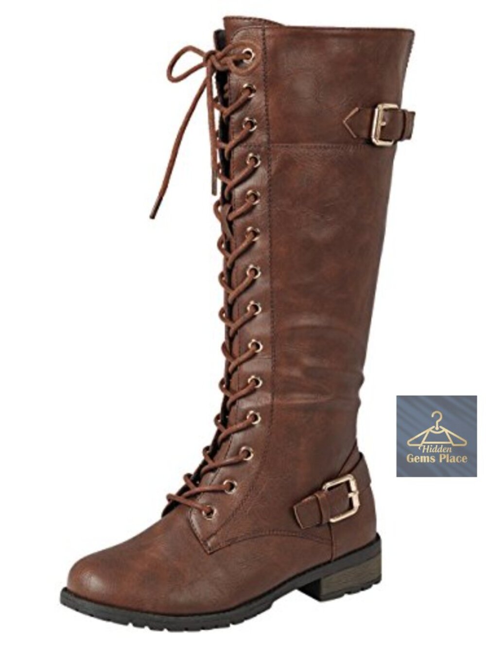 Knee High Lace Up Faux Leather Buckle Riding Boots